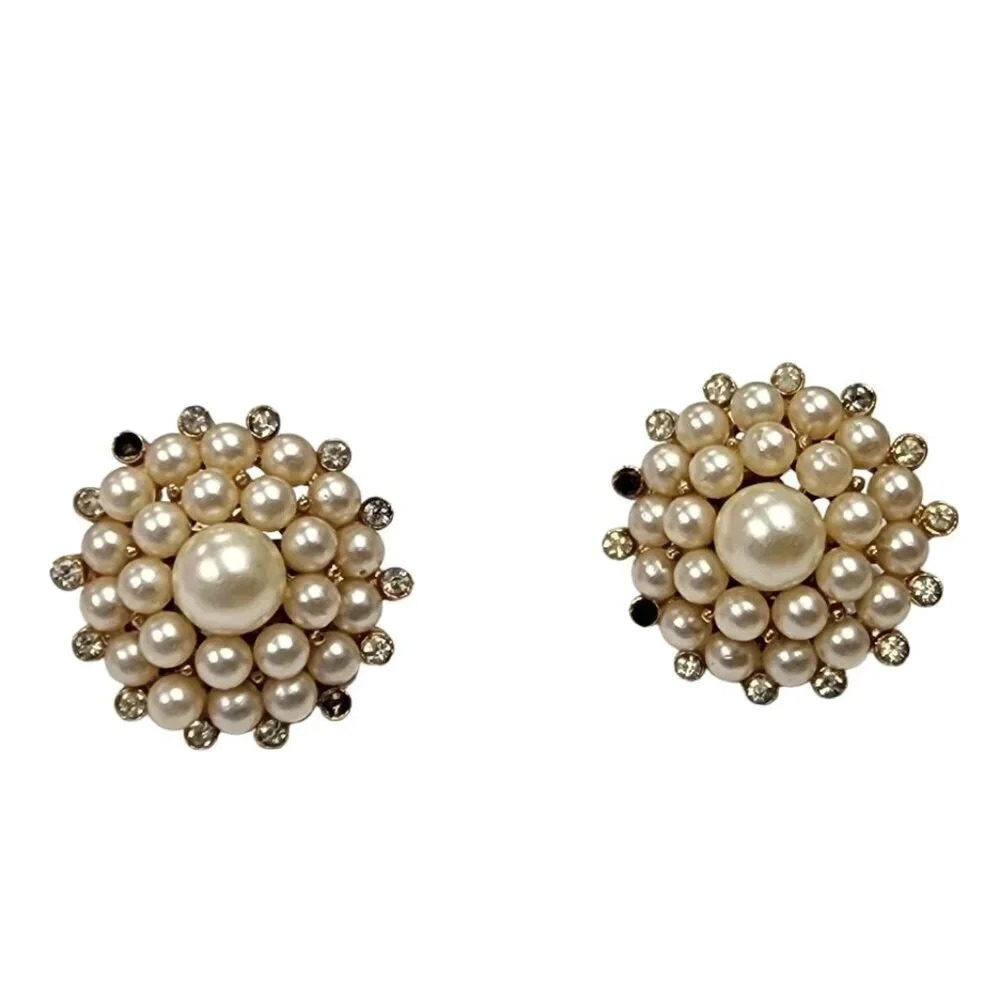 Vintage Trifari Rhinestone Faux Pearl Cluster Earrings Clip on Gold Tone
